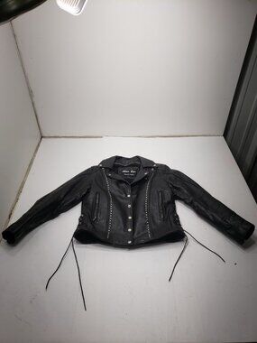 Alter Ego Leather Motorcycle Jacket Womens L Black Studded Lace Up Biker